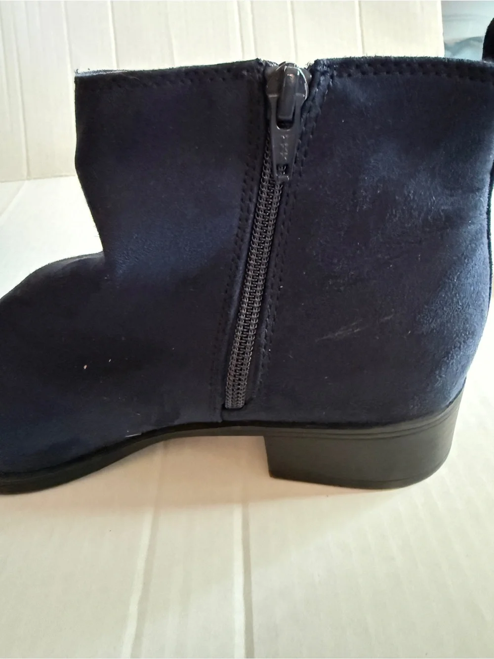 SO Navy Suede Ankle Booties with Elastic Gore